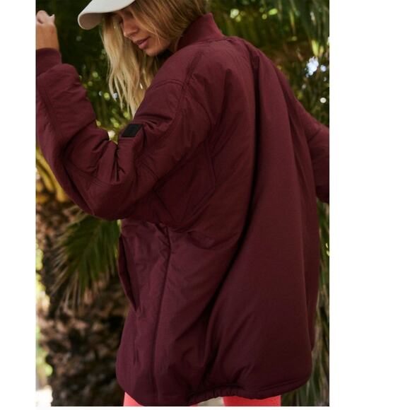 New Free People FP MOVEMENT Midnight Moon Solid Bomber Jacket $198 LARGE Wine - Picture 2 of 8